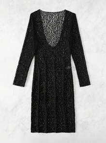 Swim SXY Women's Sexy Fitted Mesh Leopard Print Cover-Up Dress With Long Sleeves For Vacation Summer - Black - View 7