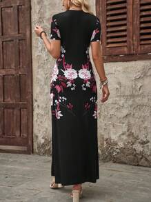 EMERY ROSE Black Floral White Pants Women's Casual Summer Two-Piece Set - Black and White - View 2