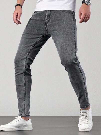 Manfinity Homme 男士纯色洗水牛仔裤，纯色修身深色牛仔裤，长款深灰色洗水工装牛仔裤，适合送给老公、男朋友的礼物