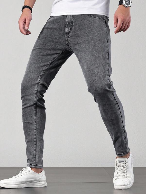 Manfinity Homme Men's Solid Color Washed Denim Jeans, Plain Slim Fit Dark Jeans Long Dark Grey Washed Cargo Jeans, For Husband, Boyfriend Gifts Gym Workout Office Going Out