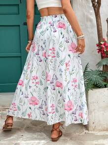 Chiquease Falda de talle alto con decoración de lazo y estampado floral para vacaciones, conjunto de ropa de mujer