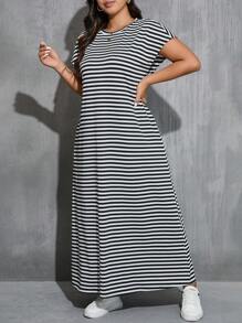 SHEIN Essnce Women's Plus Size Round Neck Black & White Striped A-Line Short Sleeve Dress With Side Pockets, For Summer