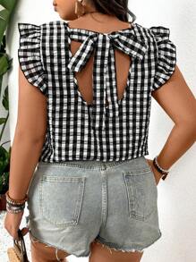 SHEIN Frenchy Plus Size Gingham Print Back-Tied Ruffle Hem Summer Shirt,Back To School Outfits