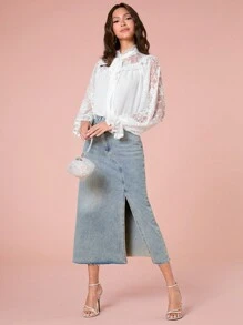 Enchnt Women's Casual Solid Color Lace Splicing Ruffled Sleeve Blouse, Spring/Summer - White - View 6