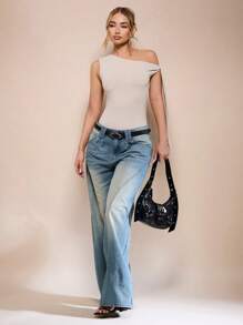 SHEIN BAE Damen Einfarbiges, süßes, asymmetrisches, ärmelloses Aprikose Bodysuit mit geknotetem Ausschnitt für den Sommerurlaub und Dates