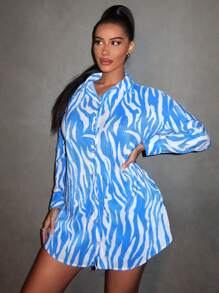 SHEIN SXY Ensemble de chemise à manches longues à fleurs abstraites plissées larges et de short à motifs pour femmes en style de vacances