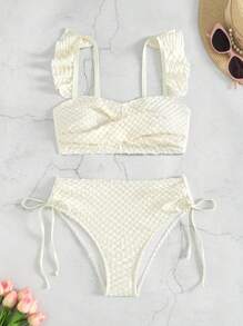 SHEIN Swim Summer Women's White Ruffled Criss-Cross Sexy Bikini Set - Beige - View 3