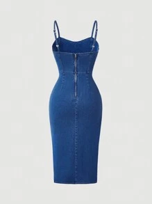 SHEIN MOD 女士純色胸前褶皺交叉包裝丹寧無袖肩帶裙，夏季款 - 深色水洗藍 - 查看 2