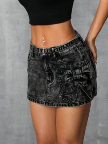 SHEIN ICON 女士純色休閒牛仔短褲 - 黑色 - 查看 5