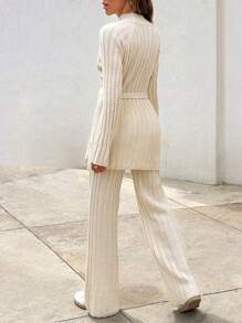 EURMUSE Women's Simple Solid Color Daily Wear Waist Belt And Knit Cardigan Set - Apricot - View 3