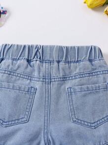SHEIN Baby Girl Cute Embroidered Heart Elastic Waist Denim Shorts, Blue