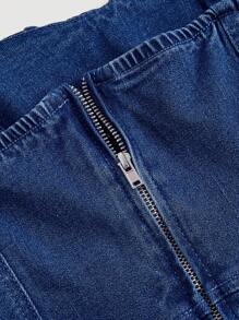 SHEIN MOD 女士純色胸前褶皺交叉包裝丹寧無袖肩帶裙，夏季款 - 深色水洗藍 - 查看 4