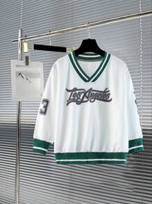 SHEIN Explorewe Young Boy Casual And Fashionable Long Sleeve V-Neck Sweatshirt, With Comfortable And Thick Material, Simple Design, Minimalist Letter Print On The Chest And Sleeves, Color Block Weave Ribbing On The Collar, Cuffs And Hem. Overall, This Sweatshirt Has A Simple And Elegant Design, Suitable For Daily Wear, Traveling, School And Spring/Fall Season. - White - View 1