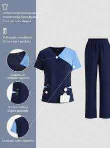 TaskEZ Conjunto de uniforme de enfermera azul marino y azul con diseño de patchwork, que incluye blusa con 2 bolsillos y textura de contraste y pantalones con 2 bolsillos y cintura elástica con textura