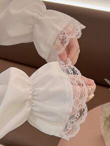 Áo Sơ Mi Tay Dài Viền Ren Viền Ruffle Màu Trơn Thanh Lịch, Xuân/Hè - trắng - Xem 7