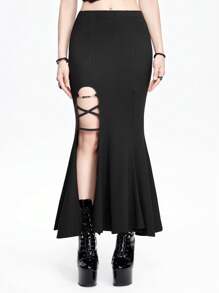 ROMWE Goth Women's Solid Color Simple Daily Tie-Waist Skirt - Black - View 3