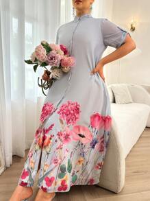 Al Najma Plus Size Women's Printed Simple Daily Clothing Dress - Blue - View 5