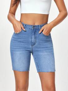 SHEIN EZwear 實色修身牛仔短褲，附帶口袋和側開衩，夏季休閒款 - 中等水洗藍 - 查看 6