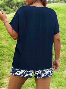 Calvaya Random Print Plus Size Solid Color V-Neck Batwing Sleeve Summer Top And Shorts 2pcs Set