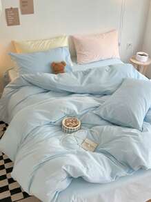 3pcs Lightweight Blue Solid Color Bedding Set, Including Duvet Cover & Pillowcase, Suitable For Boys, Girls, School Students And Dorm Room, Soft Winter