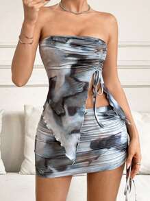 SHEIN ICON Asymmetrical Hem Strapless Top With Adjustable Waist Tie And Skirt Set