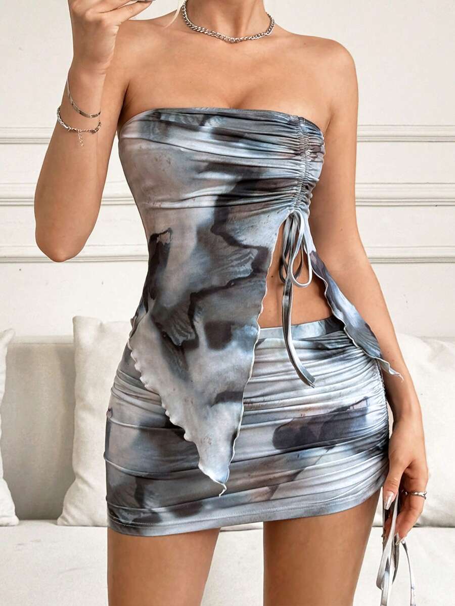 SHEIN ICON Asymmetrical Hem Strapless Top With Adjustable Waist Tie And Skirt Set