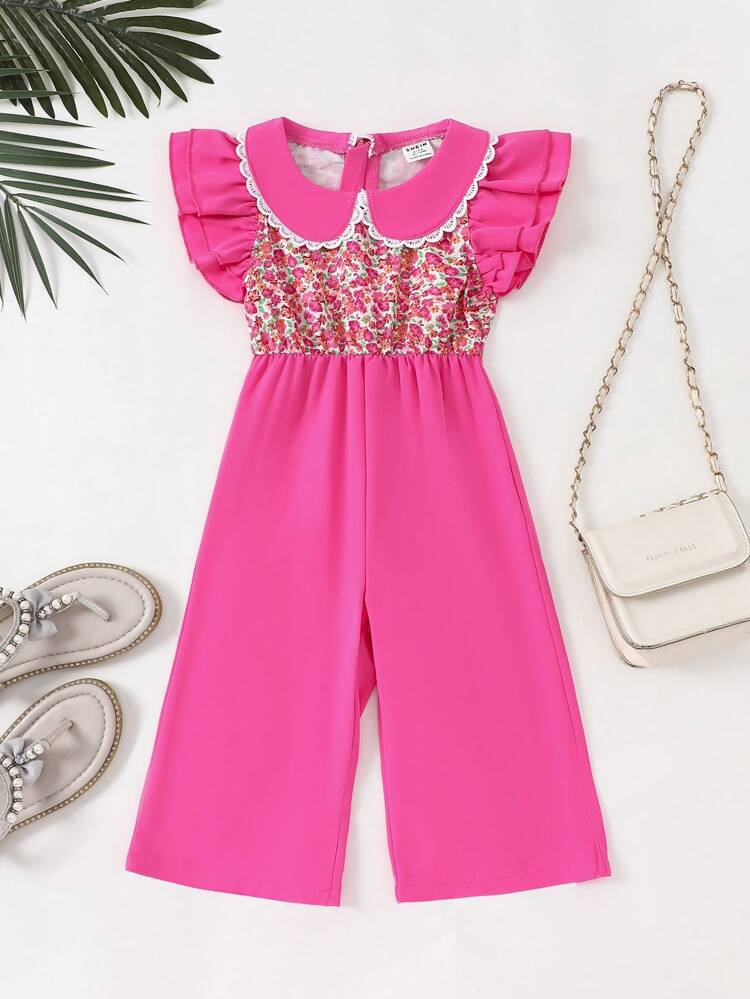 New Summer Style Baby Girls' Jumpsuit In Shades Of Pink Floral Design With Double Layered Cap Sleeves, Peter Pan Collar, Lace Trim - Elegant, Gorgeous, Cute, Casual, And