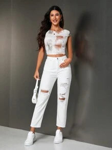 SHEIN Women's Pocketed Ripped Tapered Casual Jeans - White - View 6