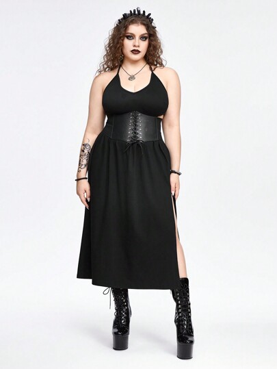 Goth Abito da sera gotico sexy senza schienale in due pezzi con spacco per vita, taglie comode, estivo