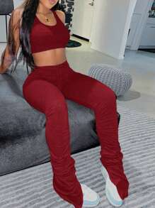 Slaydiva 休闲夏季全灰色圆领短款背心和褶皱下摆开叉长款修身裤外出套装 - 酒紅色 - 查看 1