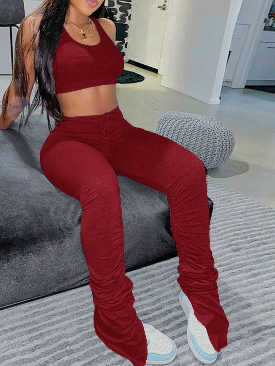 Slaydiva 休闲夏季全灰色圆领短款背心和褶皱下摆开叉长款修身裤外出套装 - 酒紅色 - 查看 1