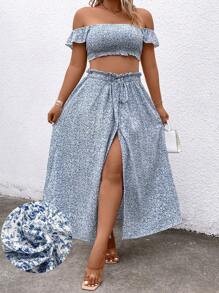 SHEIN Clasi 大碼女士度假小花卉荷葉邊露肩中短款上衣和分襟中長款裙子套裝