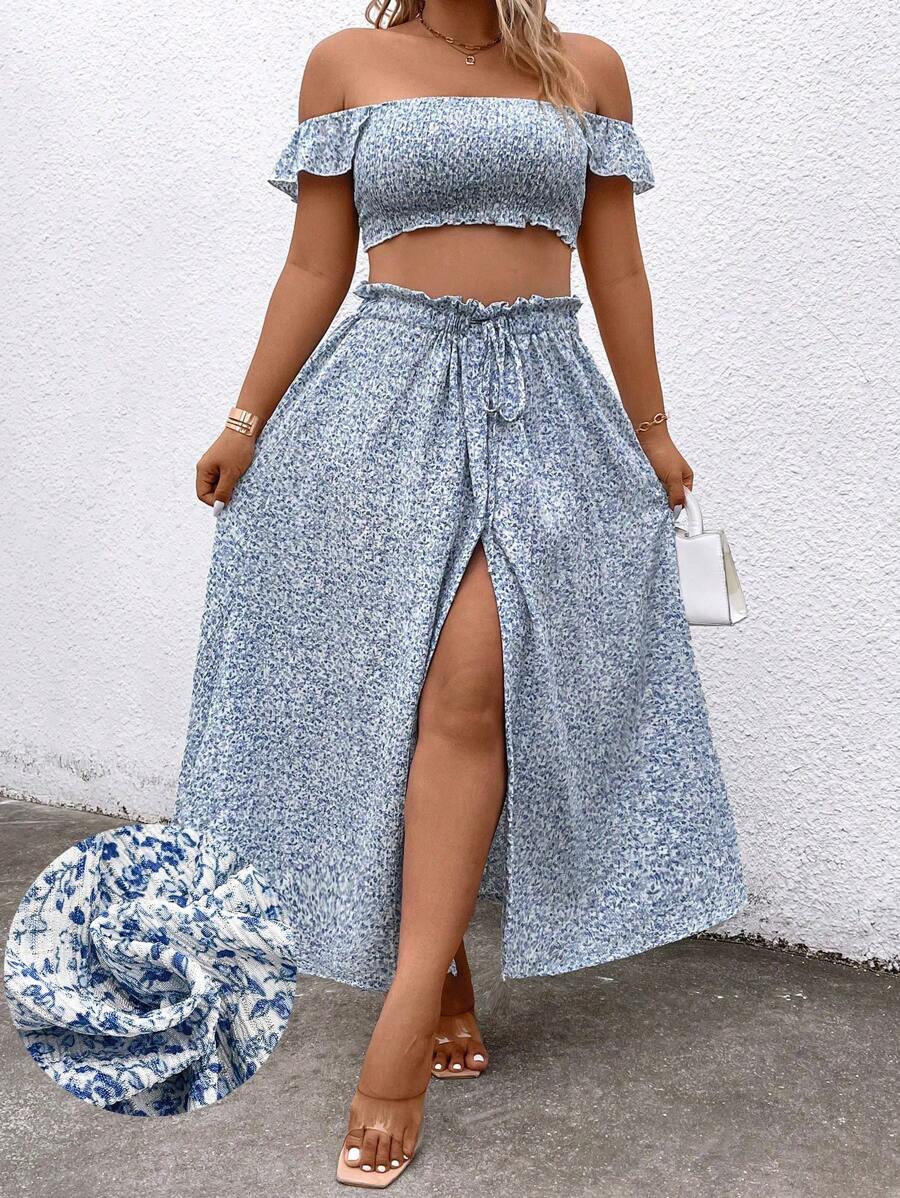 SHEIN Clasi 大碼女士度假小花卉荷葉邊露肩中短款上衣和分襟中長款裙子套裝