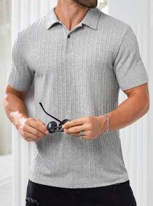 GENTILAND 男士針織休閒短袖Polo衫，適合夏季，常規肩寬，鈕扣領，純色淺灰色工作襯衫 - 灰色 - 查看 1