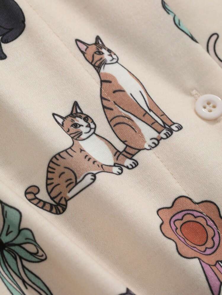 Cute Cat Allover Print Pajama Set
