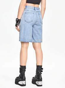 ROMWE Grunge Punk 女士十字印花百慕達牛仔短褲，附袋休閒款 - 淺藍色 - 查看 6