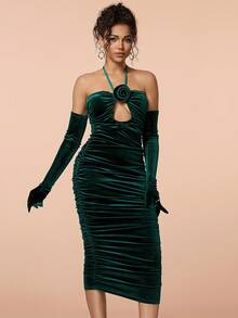 玫瑰花紋露肩連衣裙，褶皺設計，中空手套和性感晚禮服 - 墨綠色 - 查看 5