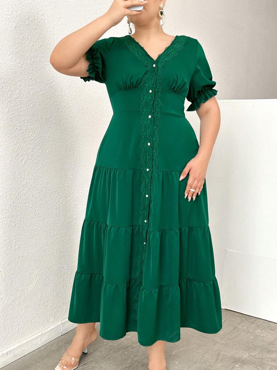 Mulvari Plus Size Women's Solid Color Simple Daily Open Front Lace Hem Dress - Dark Green - View 1