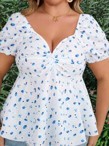 Flirla Damen Große Größen Urlaub Blümchen Shirt mit süßem Herzausschnitt, Off-Shoulder und kurzen Puffärmeln mit gerüschtem Saum