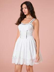 Enchnt Vestido de verano casual para mujer con bordado calado y cinturón ajustado - Blanco y Negro - Ver 6