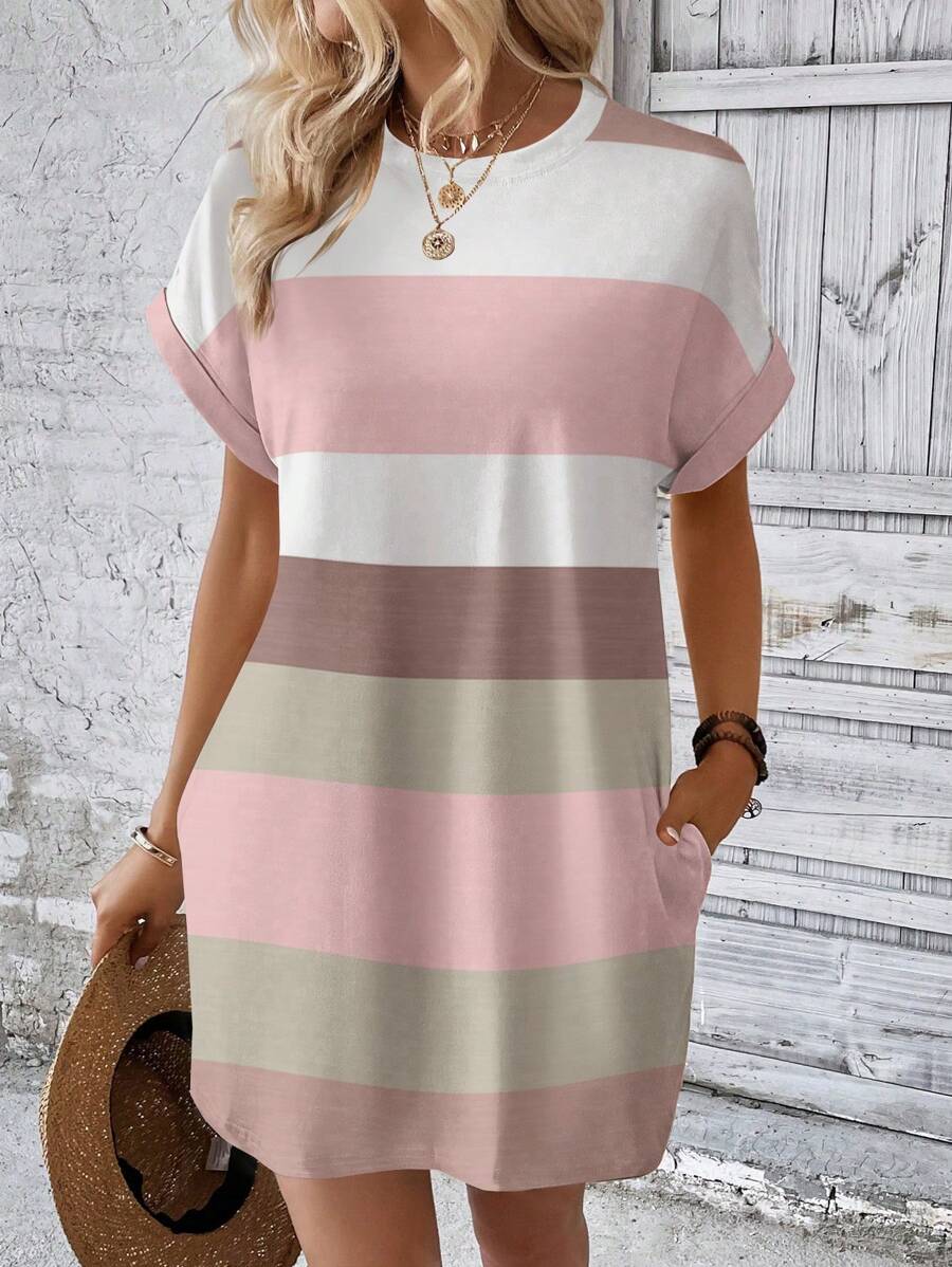 SHEIN LUNE Đầm dự tiệc thường ngày cổ tròn phối màu dành cho nữ cỡ lớn - Nhiều màu - Xem 1