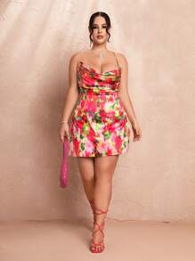 SHEIN BAE Plus Size Women's Satin Printed Spaghetti Strap Backless Tie Mini Dress, Perfect For Summer Vacation, Parties And Romantic Dates