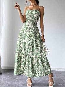SHEIN Privé Robe d'été pour femmes, décontractée imprimée de plantes avec bretelles spaghetti