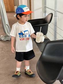 Young Boy 2pcs/Set Cute Car Printed Mix & Match Casual Daily Comfortable Excavator Outfits, Suitable For Summer Brother Matching Fun Cartoon - Multicolor - View 6