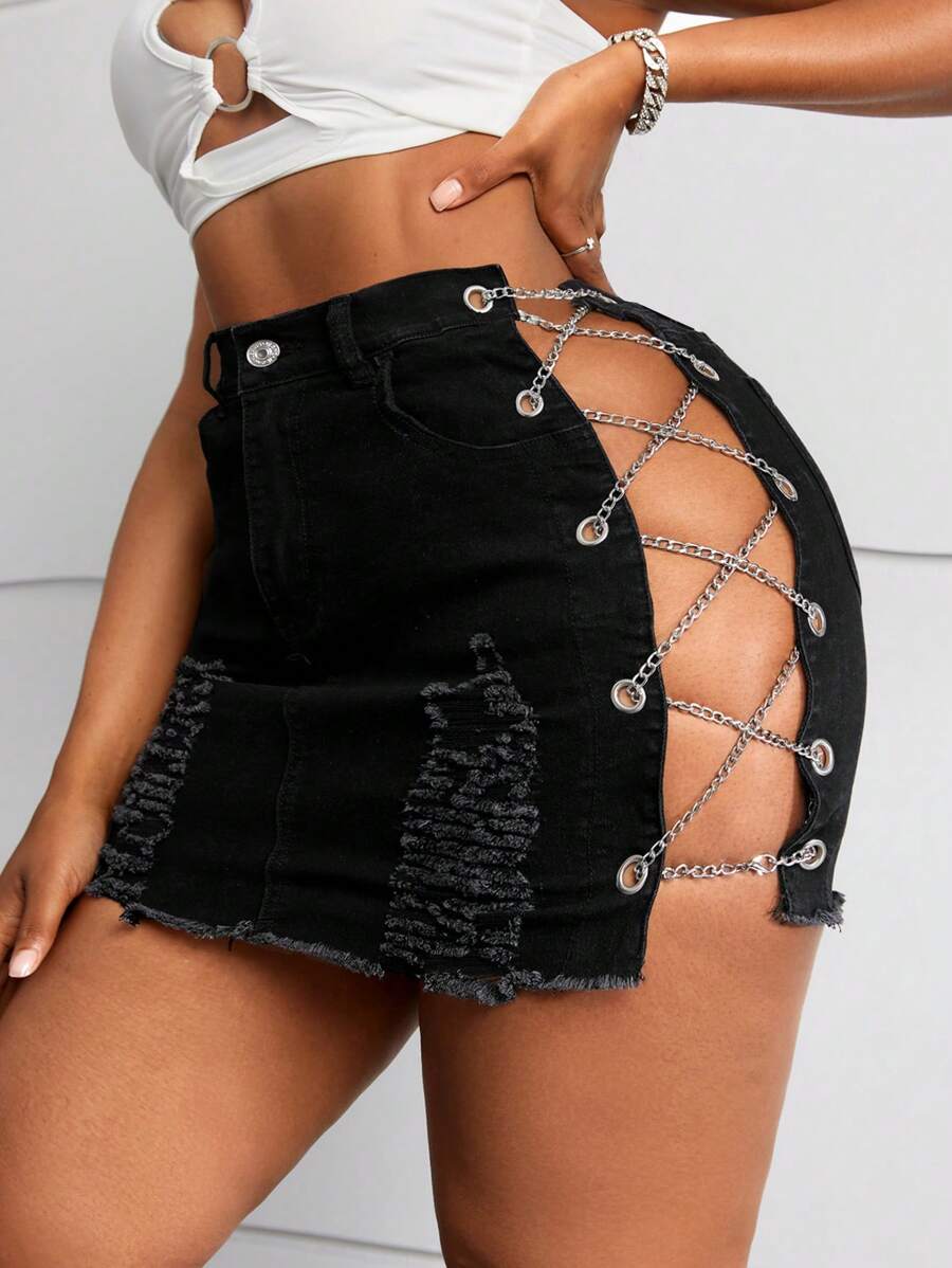 Slaydiva Váy dây xích co giãn denim cỡ lớn - màu đen - Xem 1