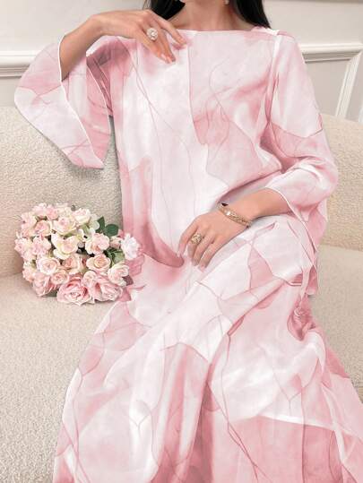 Al Najma Women's Geometric Printed Bell Sleeve Long And Loose Traditional Modest Arabian Dress Fall Cloth For Women