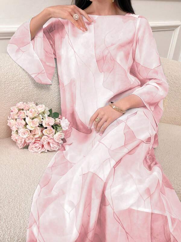 Al Najma Women's Geometric Printed Bell Sleeve Long And Loose Traditional Modest Arabian Dress