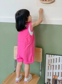 嬰兒女孩無袖短上衣加連體褲短褲套裝，春夏運動休閒服裝 - 玫紅色 - 查看 2