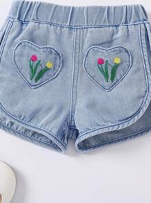 SHEIN Baby Girl Cute Embroidered Heart Elastic Waist Denim Shorts, Blue