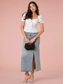 Enchnt 女士夏季休闲纯色甜心领泡泡袖撞色蕾丝衬衫 - 白色 - 查看 4
